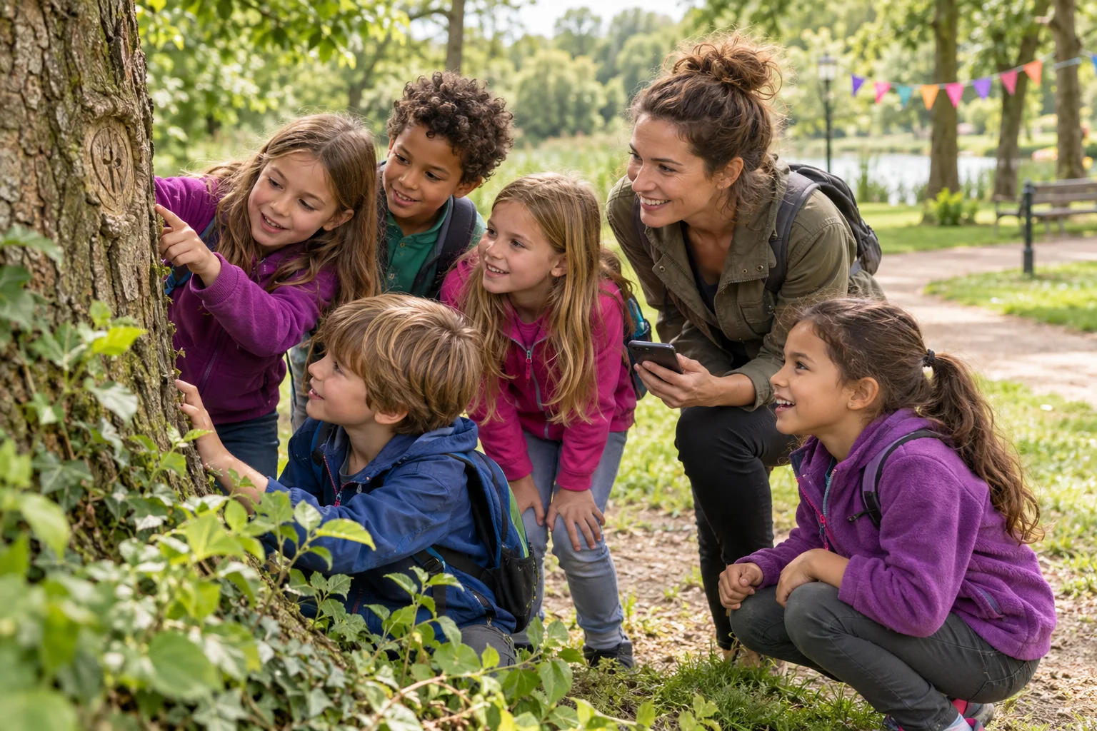 Illustration of children discovering a clue together outdoors while an adult holds the smartphone.